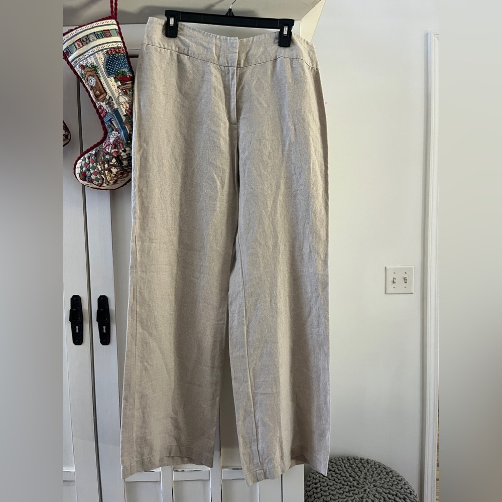 Eileen Fisher Wide Leg 100% Linen Trousers with yoke Natural Sz 12 NWT